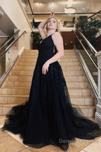 Black Spaghetti Straps A-Line Prom Dress With Appliques
