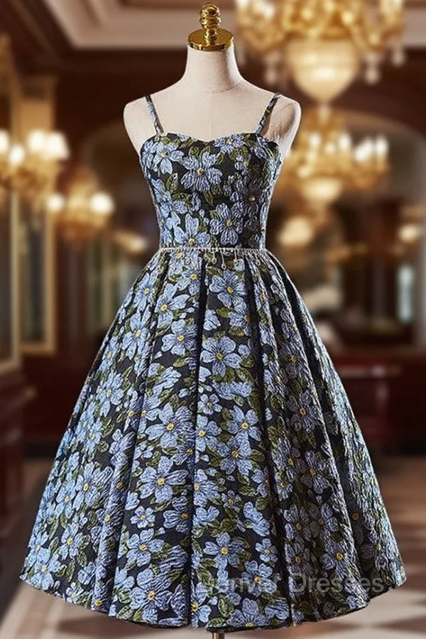 Black Spaghetti Straps Flower Print Homecoming Dress Main image