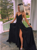 Black Spaghetti Straps Halter Long Prom Dress With High Split
