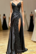 Black Spaghetti Straps Lace Appliques Prom Dress with Slit