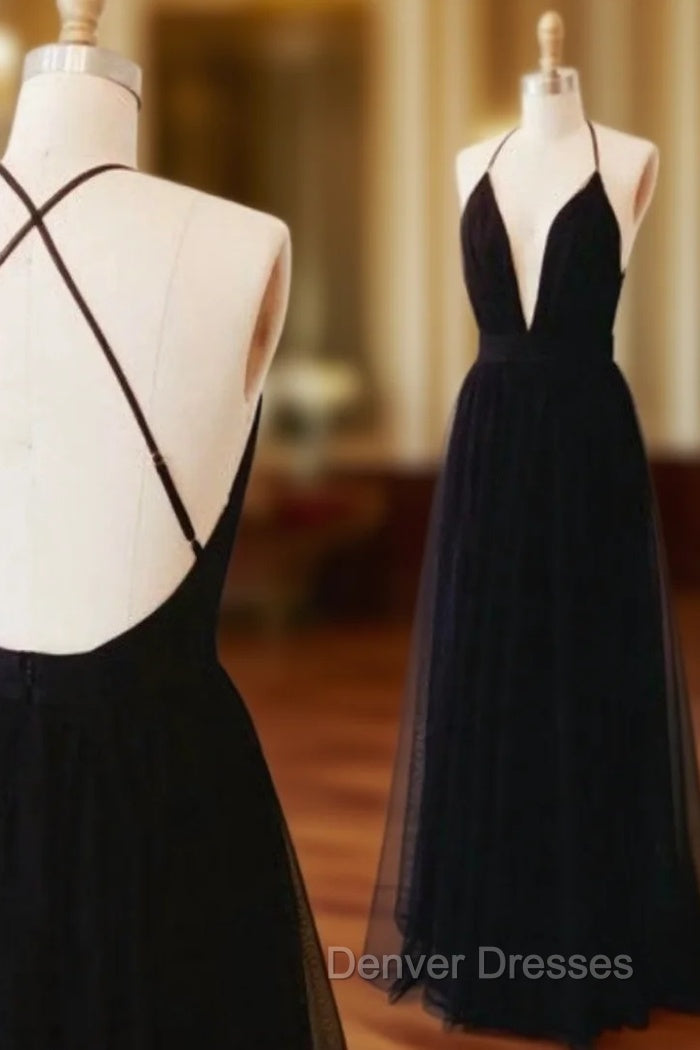 Black Spaghetti Straps Prom Dress Open Back Graduation Dress Main image