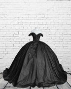 Black Sparkly Ball Gown Dress With 3D Flowers