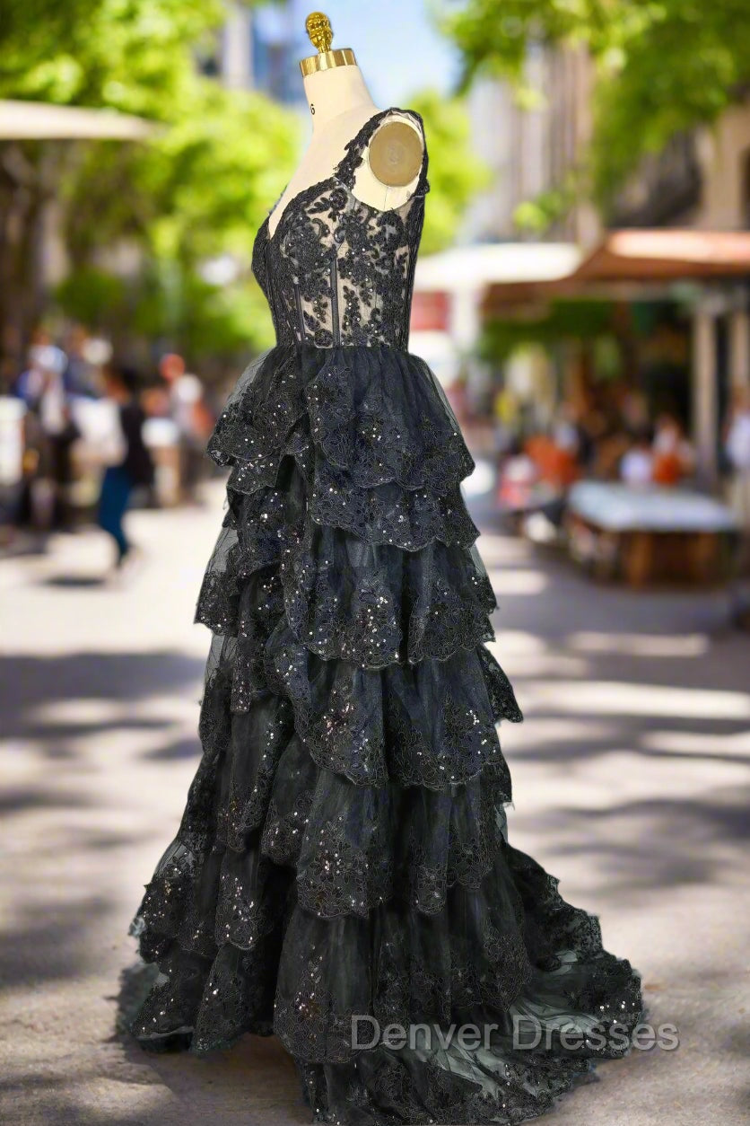 Black Sparkly Corset Prom Dress Off The Shoulder Tiered A-Line Sweetheart Neck Tulle Lace Evening Dress Secondary image
