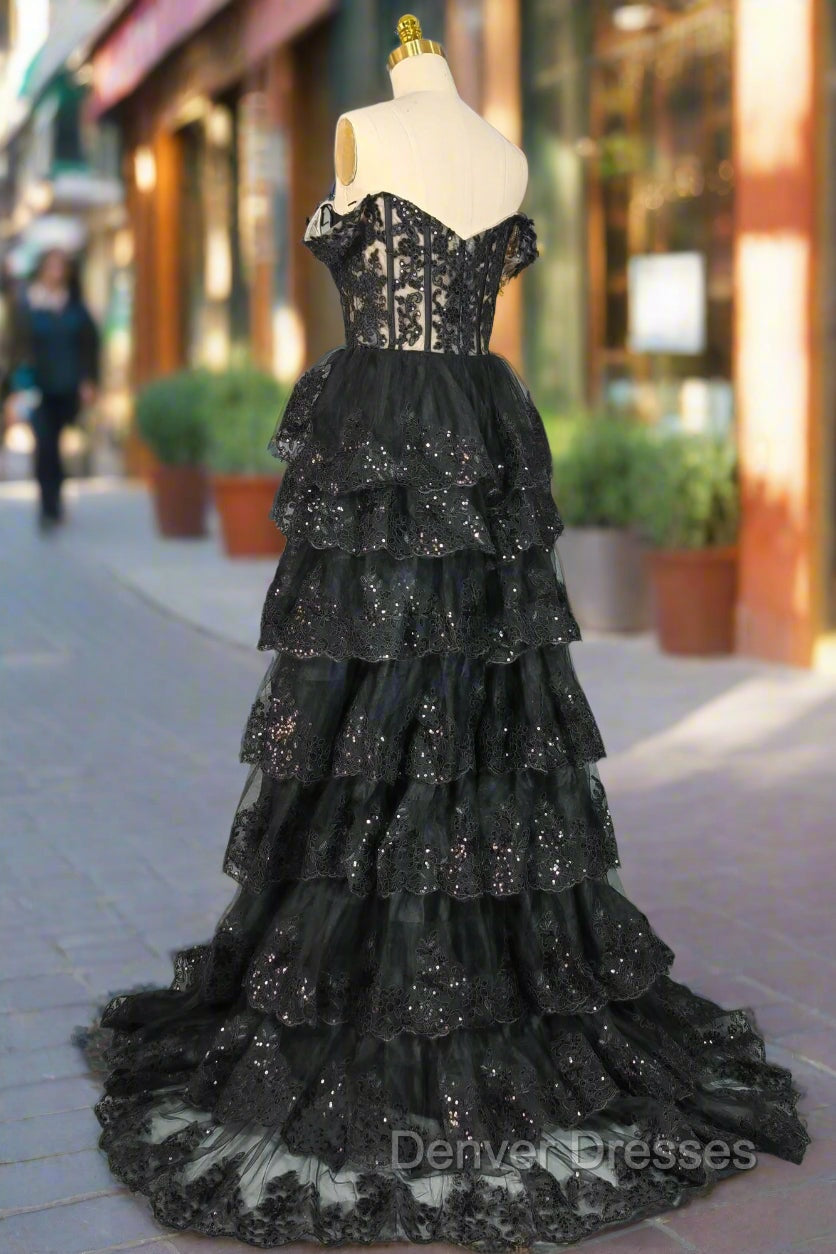 Black Sparkly Corset Prom Dress Off The Shoulder Tiered A-Line Sweetheart Neck Tulle Lace Evening Dress
