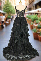 Black Sparkly Corset Prom Dress Off The Shoulder Tiered A-Line Sweetheart Neck Tulle Lace Evening Dress