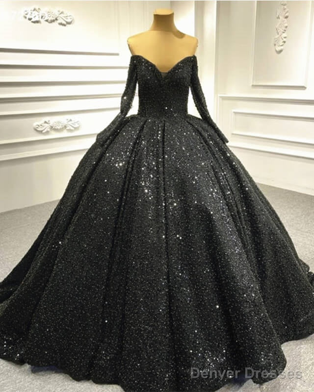 Black Sparkly Off Shoulder Long Sleeve Ball Gown Main image