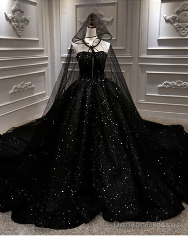Black Sparkly Wedding Dress Ball Gown With Cape Veil Main image