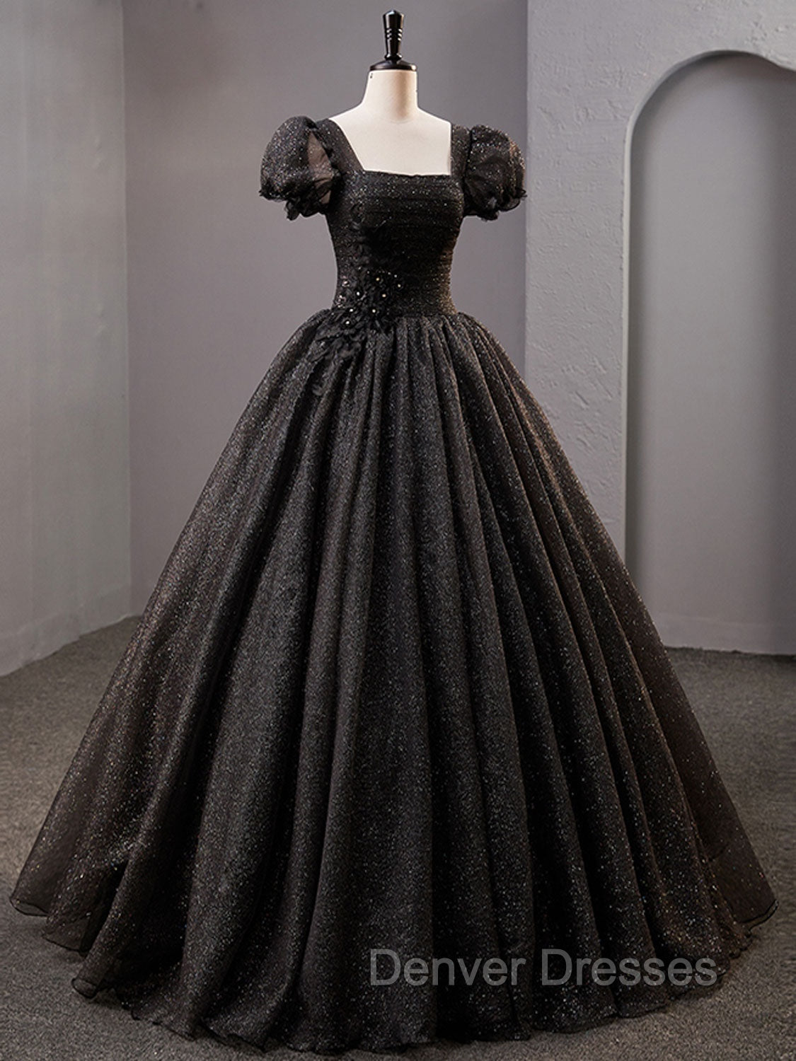 Black Square Neckline Tulle Long Prom Dress, Shiny Tulle Black Evening Dress Secondary image