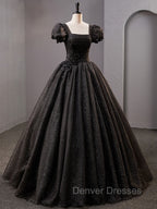 Black Square Neckline Tulle Long Prom Dress, Shiny Tulle Black Evening Dress