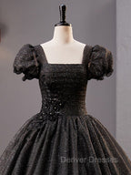 Black Square Neckline Tulle Long Prom Dress, Shiny Tulle Black Evening Dress