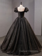 Black Square Neckline Tulle Long Prom Dress, Shiny Tulle Black Evening Dress