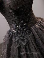 Black Square Neckline Tulle Long Prom Dress, Shiny Tulle Black Evening Dress