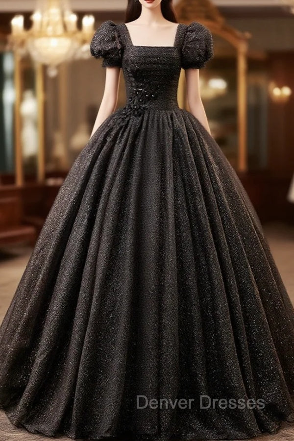 Black Square Neckline Tulle Long Prom Dress, Shiny Tulle Black Evening Dress Main image