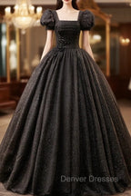 Black Square Neckline Tulle Long Prom Dress, Shiny Tulle Black Evening Dress