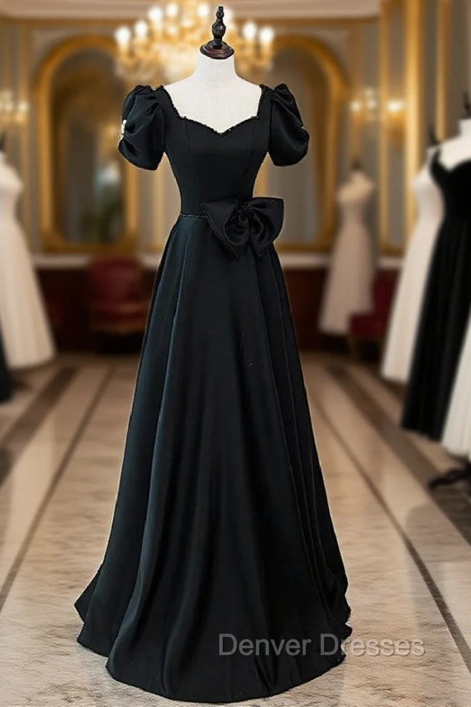 Black Square Puff Sleeve Beading Prom Dress Main image