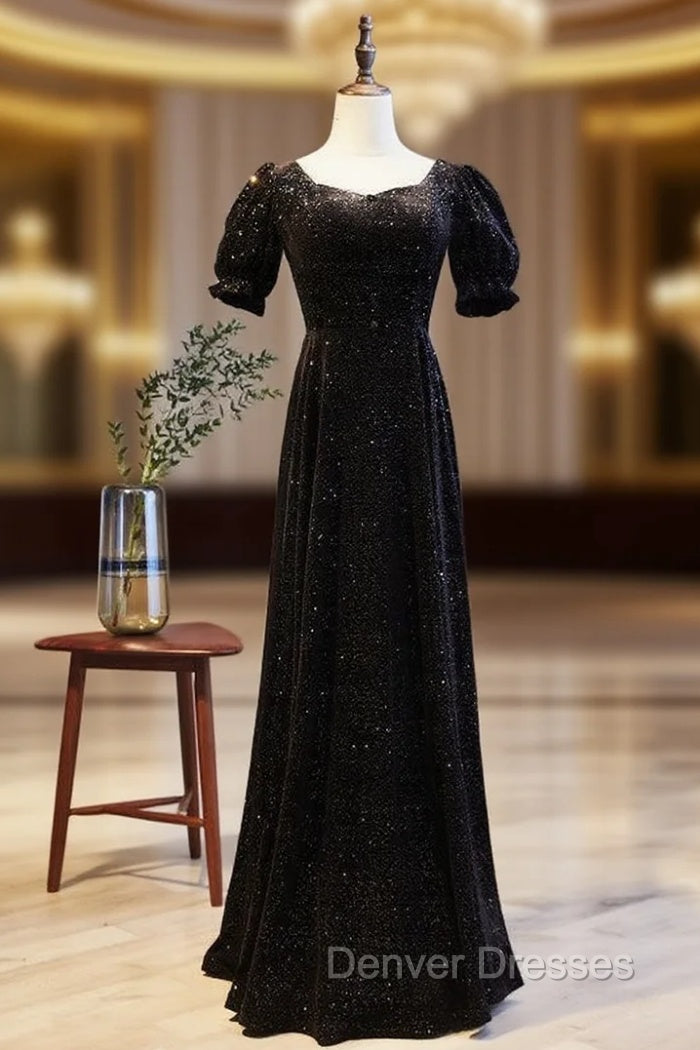 Black Square Puff Sleeve Button Prom Dress Main image