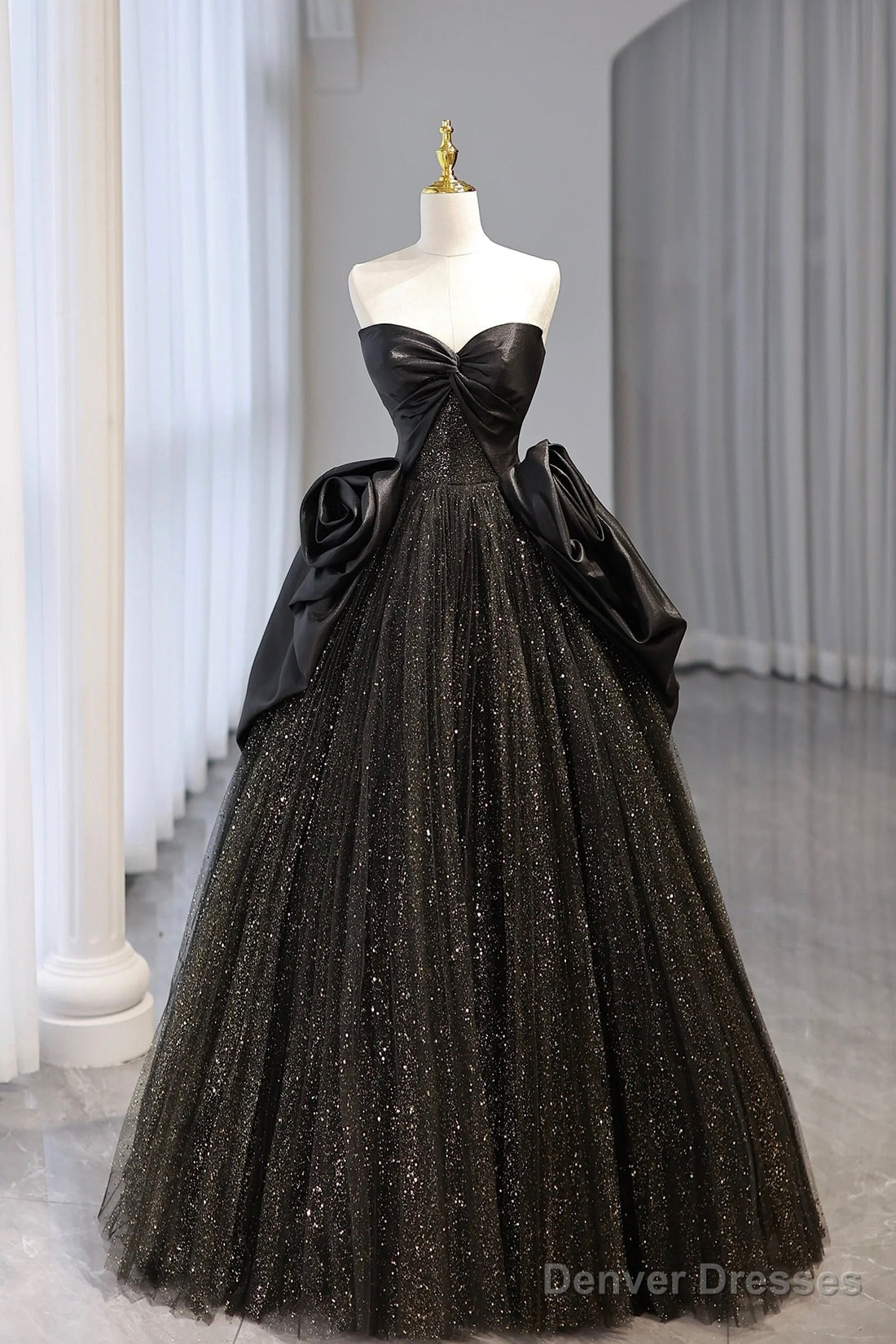 Black Strapless Satin And Tulle Long Prom Dress, Beautiful A-Line Evening Party Dress Main image