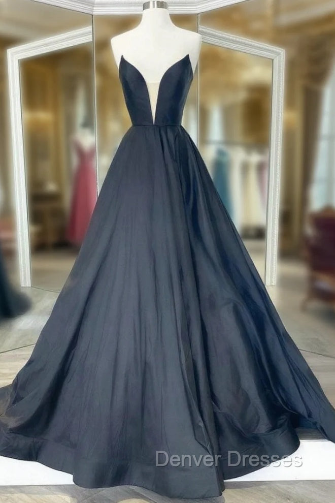 Black Strapless Satin Long Prom Dress, Black A-Line Evening Dress Main image