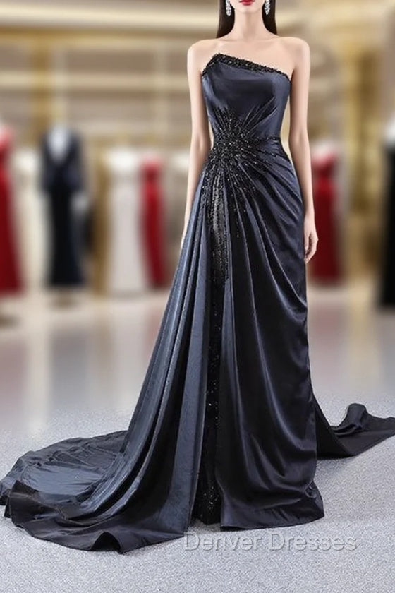 Black Strapless Satin Pleats Beading Prom Dress Main image