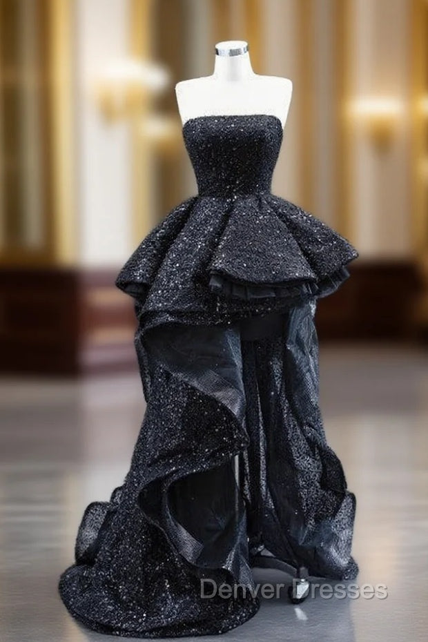 Black Strapless Sequins Pearls  Prom Dress