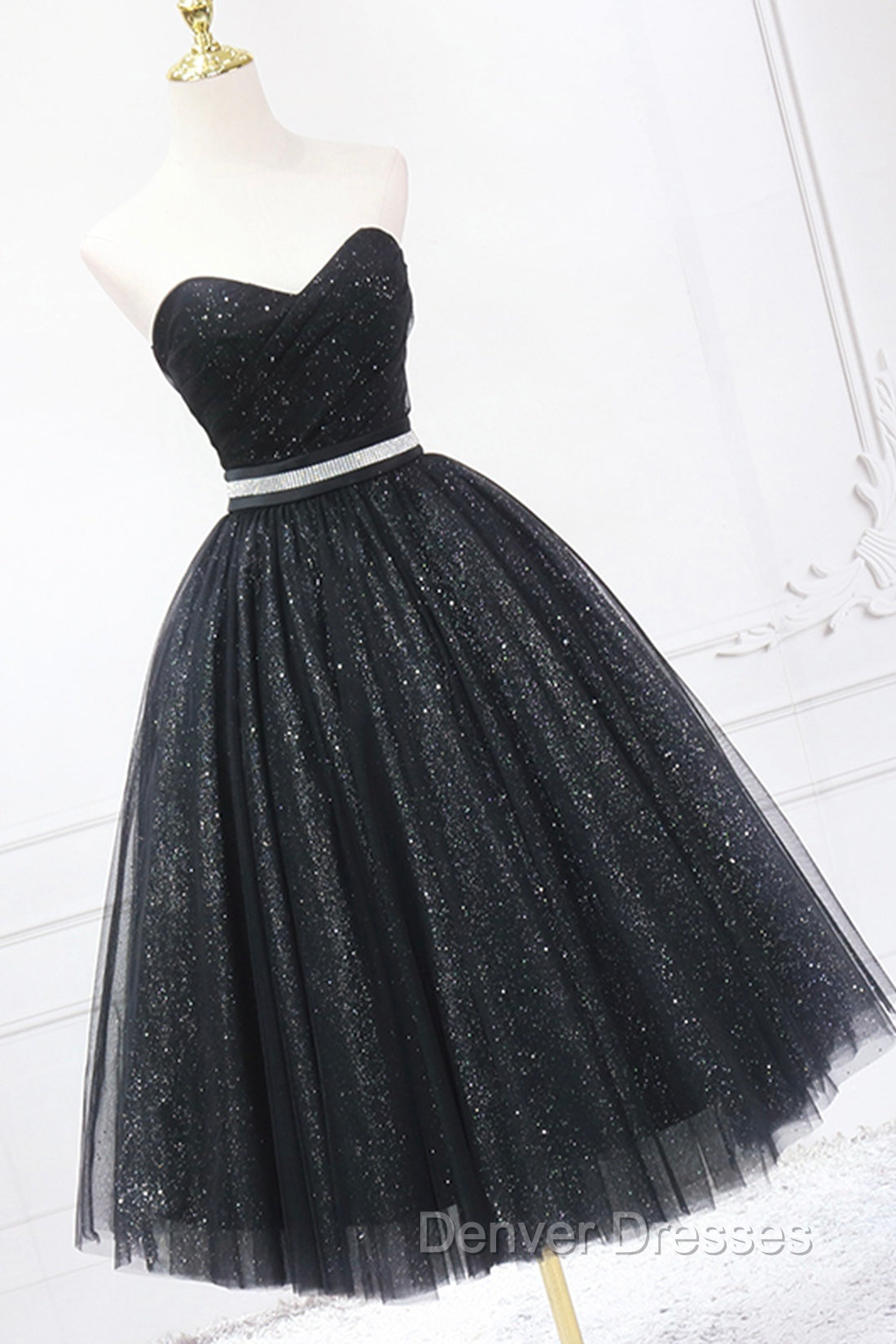 Black Strapless Shiny Tulle Tea Length Prom Dress, Black A-Line Homecoming Dress Secondary image