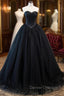 Black Strapless Tulle Long A-Line Prom Dress, Black Formal Evening Gown