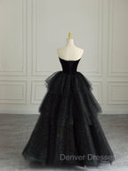 Black Strapless Layered Velvet Tulle Long Prom Dress Evening Dress