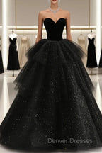 Black Strapless Layered Velvet Tulle Long Prom Dress Evening Dress