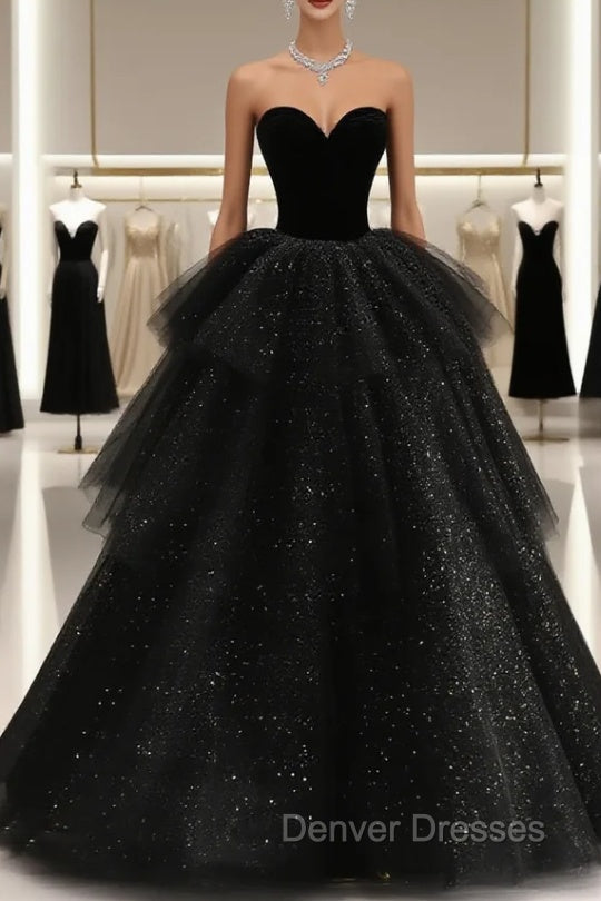 Black Strapless Layered Velvet Tulle Long Prom Dress Evening Dress Main image