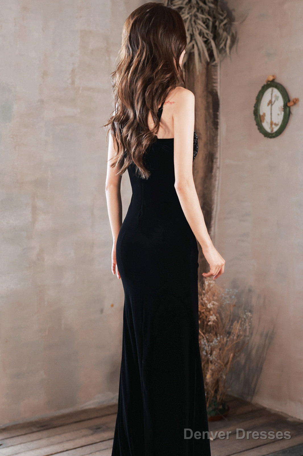 Black Straps Mermaid Velvet Long Party Dress With Leg Slit, Black Long Prom Dress