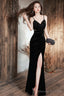 Black Straps Mermaid Velvet Long Party Dress With Leg Slit, Black Long Prom Dress