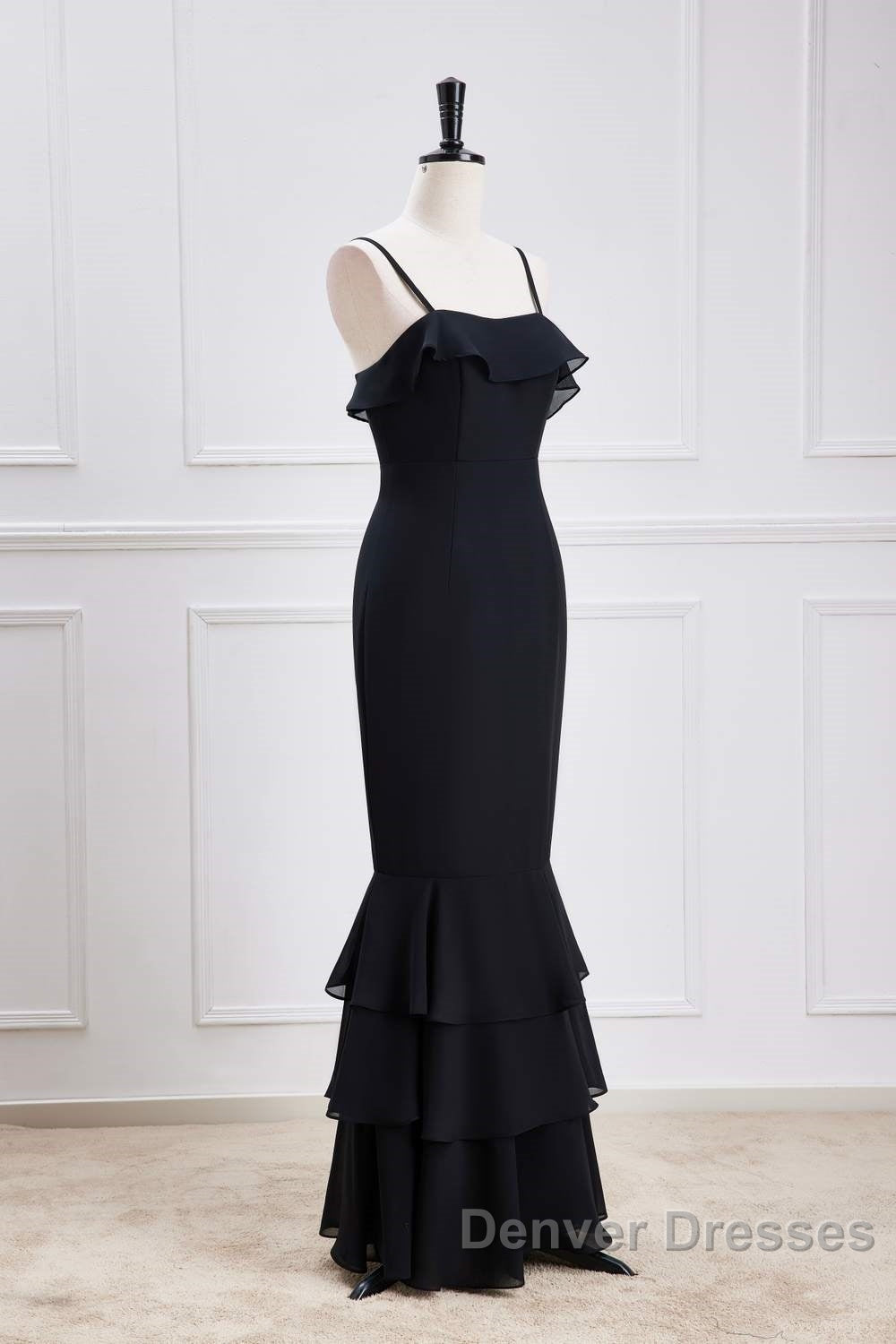 Black Straps Ruffle Multi-Layer Chiffon Maxi Dress