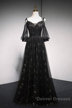 Black Straps Tulle Long Party Dress With Sleeves Evening Dress, Black A-Line Prom Dress Party Dress