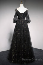 Black Straps Tulle Long Party Dress With Sleeves Evening Dress, Black A-Line Prom Dress Party Dress