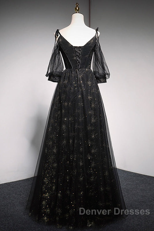 Black Straps Tulle Long Party Dress With Sleeves Evening Dress, Black A-Line Prom Dress Party Dress