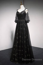 Black Straps Tulle Long Party Dress With Sleeves Evening Dress, Black A-Line Prom Dress Party Dress