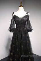 Black Straps Tulle Long Party Dress With Sleeves Evening Dress, Black A-Line Prom Dress Party Dress