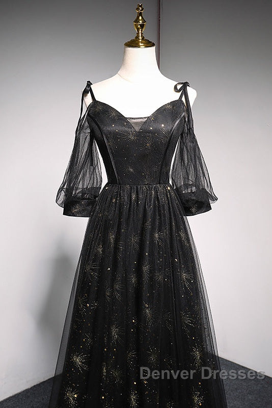 Black Straps Tulle Long Party Dress With Sleeves Evening Dress, Black A-Line Prom Dress Party Dress