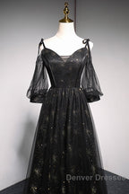 Black Straps Tulle Long Party Dress With Sleeves Evening Dress, Black A-Line Prom Dress Party Dress