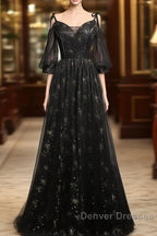 Black Straps Tulle Long Party Dress With Sleeves Evening Dress, Black A-Line Prom Dress Party Dress