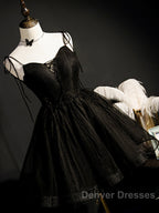Black Straps Tulle Short Homecoming Dress Prom Dress, Little Black Party Dress