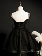 Black Straps Tulle Short Homecoming Dress Prom Dress, Little Black Party Dress
