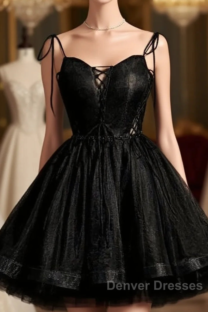 Black Straps Tulle Short Homecoming Dress Prom Dress, Little Black Party Dress Main image