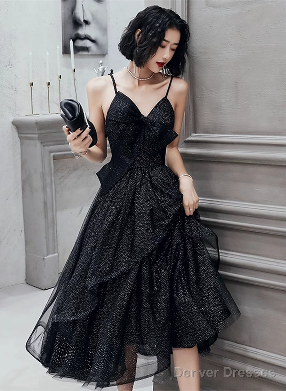 Black Straps Tulle Tea Length Homecoming Dress, Black Short Prom Dress Main image