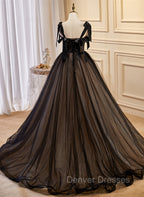 Black Straps Tulle with Lace Long Formal Dress, Black A-line Prom Dress