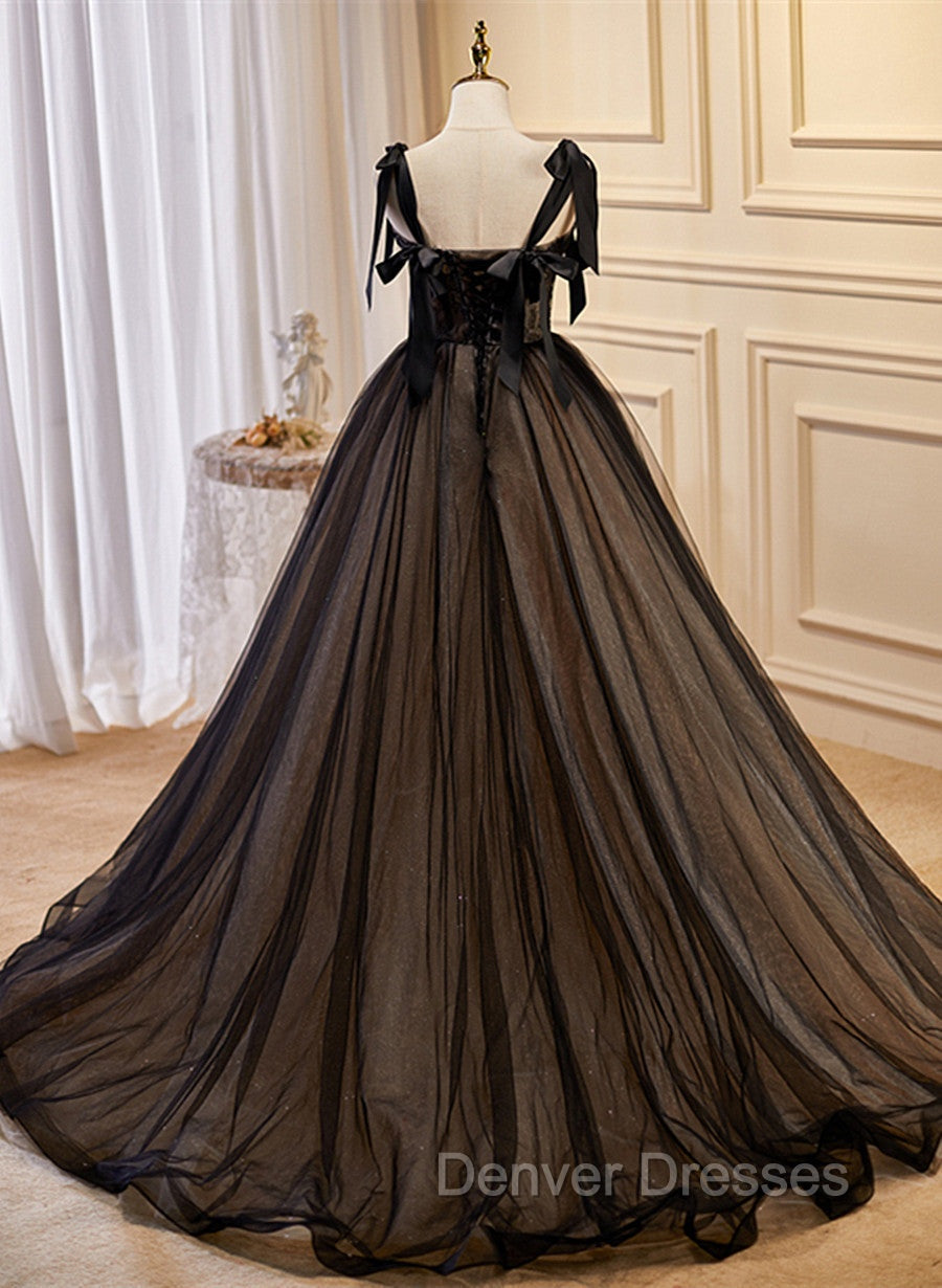 Black Straps Tulle with Lace Long Formal Dress, Black A-line Prom Dress