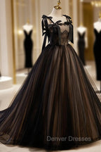 Black Straps Tulle with Lace Long Formal Dress, Black A-line Prom Dress