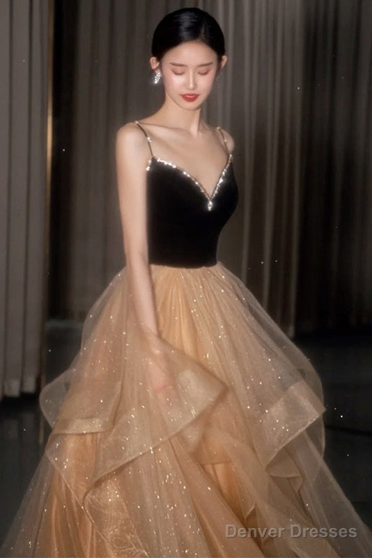 Black Straps V-Neckline Layers Tulle Long Party Dresses, Glam Prom Dresses Formal Gown