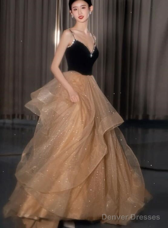 Black Straps V-Neckline Layers Tulle Long Party Dresses, Glam Prom Dresses Formal Gown Main image