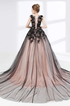Black Sweetheart Applique Lace See Through Prom Dresses